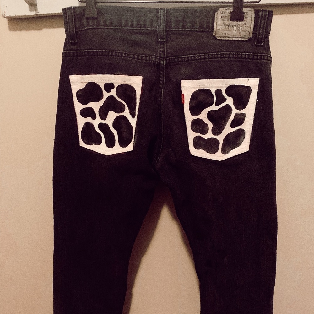 Women's Black Levi Skinny Jeans CUSTOM Cow Print
